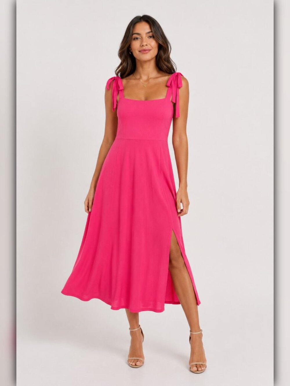 A326 • Chic Shoulder Tie Midi Dress in Hot Pink